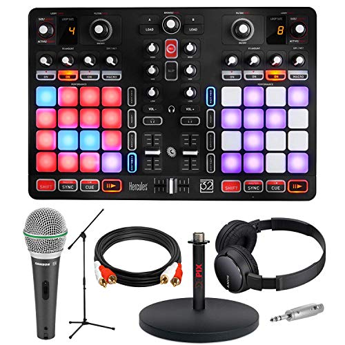 Hercules P32 DJ Controller with High-Performance Pads + MIcrophone + Deluxe Accessory Bundle