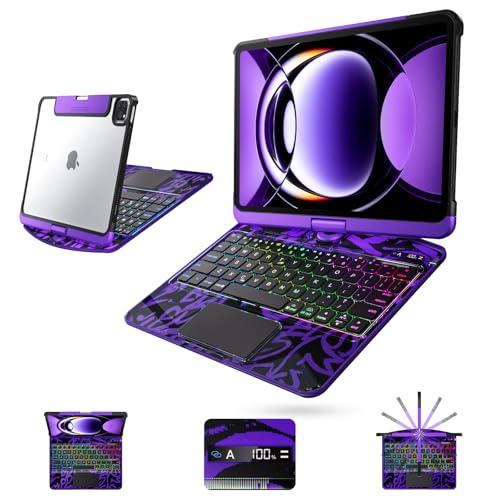 Image of Clear Wireless Keyboard Case for iPad Air 13 Inch (M4 /M3 /M2, 2026 /2025 /2024) / iPad Pro 12.9 inch (6th /5th /4th /3rd Gen), 7-Color Backlit, Pencil Holder & Multi-Touch Trackpad, 360 Rotatable,Purple