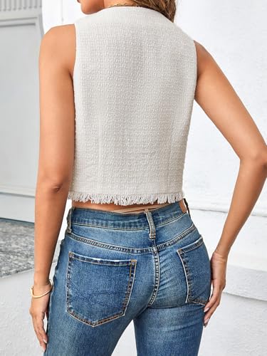 WDIRARA Women's Tweed Vest Button Down Sleeveless Vest Jacket Raw Hem Waistcoat3