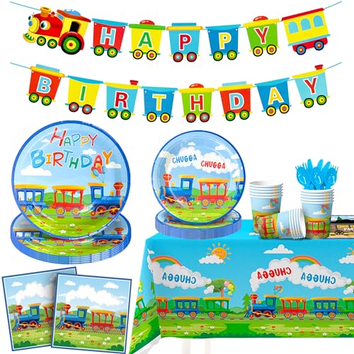 Fruitful Jewelry 2024041102 Train Birthday Party Supplies,128Pcs Train Party Decorations Tableware Set Train Plates And Cups Napkins Train Birthday Banner Tablecloth Etc Train Tableware cover
