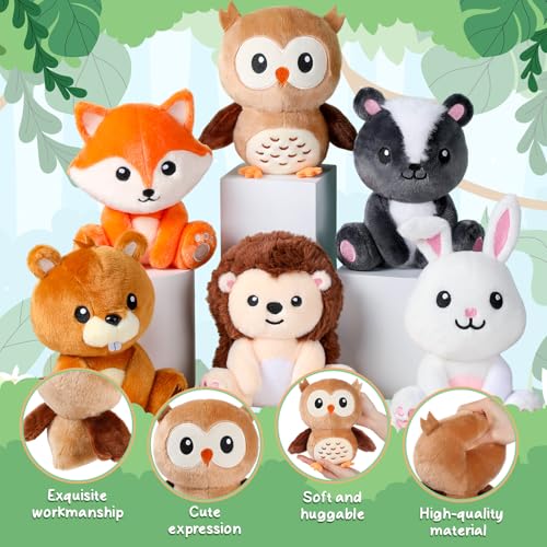 Image of RoundFunny 6 Pcs Safari Animals Toys 7 inch Stuffed Animals Set | Owl Rabbit Fox Beaver Hedgehog Skunk Large Animals Plush Toy for Safari Baby Showers Party Decor, Birthday Gifts Awards