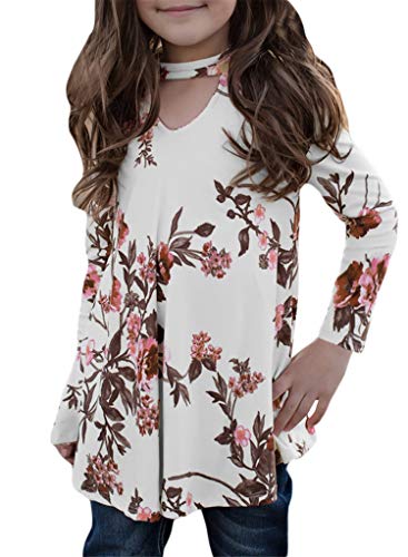 Blibea Girls Kids Fashion Outfits Casual Floral Print Shirts Long Sleeve Key Hole Front Tops Blouse Size 8 9 Cream