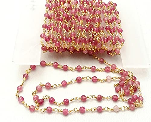 Tourmaline rose en chaîne rosaire au pied en argent doré pour créer vos bijoux d'été