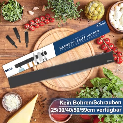 Dmore Magnetleiste Messer mit 3 Haken, 40 cm Messerhalter magnetisch schwarz, extrem selbstklebend Magnet Messerhalter aus Edelstahl, inklusive Klebeband und Schrauben, für Messer und Utensilien 2
