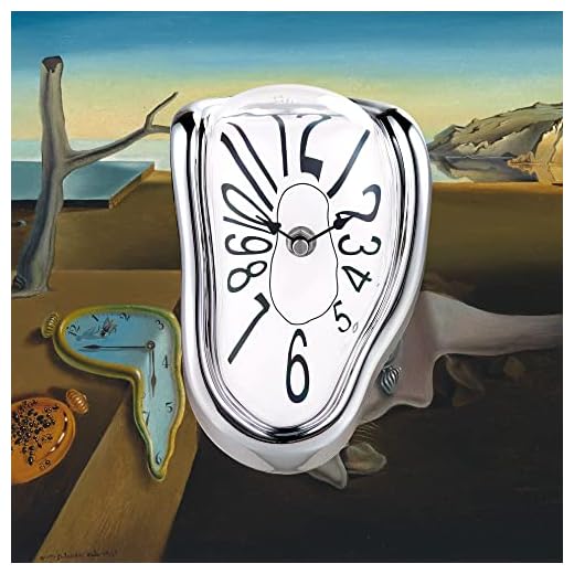 Lafocuse Silver Melting Clock for Shelf, Salvador Dali Clock Silent Non Ticking Battery Operated