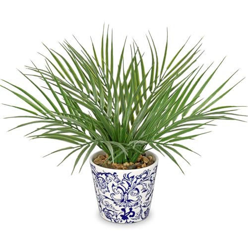 Hollyone Large Artificial Potted Plants Fake Palm Plants 13" Faux Green Plant Plastic Tropical Palm Tree in Blue and White Porcelain Ceramic Pots for Home Room Office House Indoor Decoration