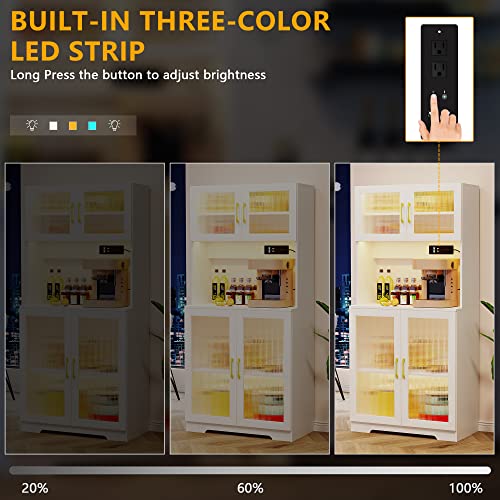 LVSOMT 67\" LED Storage Cabinet with Charging Station, Sockets & USB Ports For Kitchen Pantry, Microwave Hutch, Buffet Sideboard with Top & Bottom Doors for Dinning Room, White - Thumbnail 5