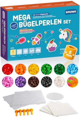 Smowo 10.000 Bügelperlen Set inkl. 15 Farben Steckplatten und Zubehör - 5mm Perlen Basteln Box - Perfektes Geburtstags Spielzeug