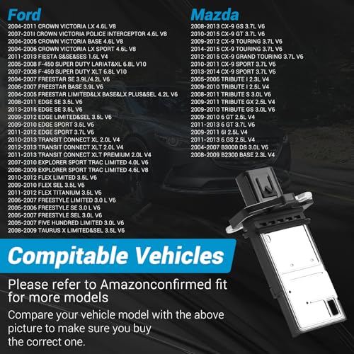 Image of Mass Air Flow Sensor 3L3A-12B579-BA, MAF Sensor Fit for Ford F150 /F250 /E150 /E250 /Crown Victoria /Taurus /Escape /Mustang /Edge /Escape /Ranger, etc, Mass Airflow Sensor OEM Fit for Mazda /Lincoln /Mercury