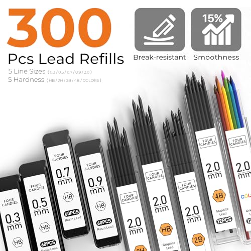 Image of Four Candies Metal Mechanical Pencil Set, 4PCS 0.3, 0.5, 0.7, 0.9MM Mechanical Pencils & 2MM Drawing Pencil with 9 Tubes Lead Refills (4B 2B HB 2H Color) for Student Writing Artist Sketching - Black