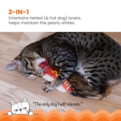 Image of Catstages Hotdog Kicker Toy with Catnip and Dental Mesh, Hot Dog Shape, Plush and Feather Cat Toy for Kicking, Tossing, and Teeth Cleaning, Brown