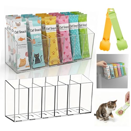 Rubierine 2 Pack Lickable Cat Treats Organizer with 2 Feeder Spoons Wall Mount & Countertop Acrylic Treat Storage Holder Wet Cat Treat holder with 8 Adhesive Stickers for Pantry Cabinet Fridge