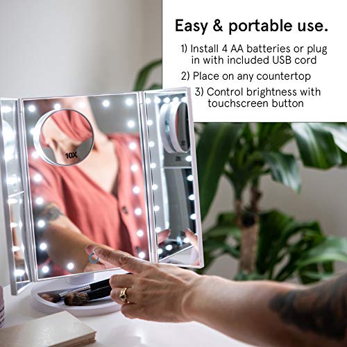 Grace & Stella Makeup Mirror Vanity Mirror with Lights, 2X 3X 10X Magnification, Lighted Makeup Mirror, Touch Control, Trifold Makeup Mirror, Dual Power Supply, Portable LED, Women Gift