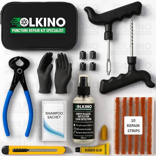 Image of 12-in-1 Tubeless Tyre Puncture Repair Kit for Cars & Bikes | Heavy-Duty T-Handle Tools & 10 High-Grip Repair Strips | with Plier, Solution, Cutter, Gloves (with Storage Bag)