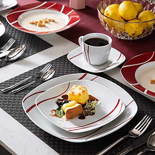 MALACASA, Serie Felisa, 60-TLG. Tafelservice aus Porzellan, Kombiservice Abgerundet Geschirrset Kaffeeservice für 12 Personen, Rot
