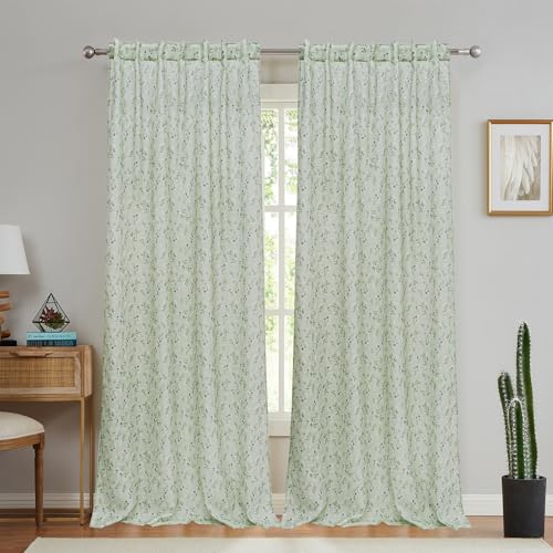 July Joy Spring Flower Print Linen Curtains Mint Green Patterned 84 Inch Length for Living Room Farmhouse Privacy Drapes Back Tab Light Filtering Rod Pocket 2 Panels