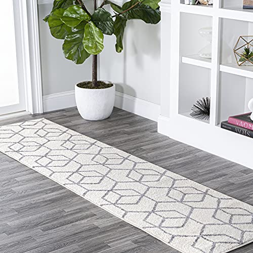 JONATHAN Y Tumbling Blocks White/Gray Runner Rug 2x8, Modern,Contemporary,Geometric,Casual, Easy-Cleaning