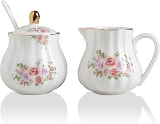 Royal Ceramic Sugar and Creamer Set, 3 Piece Set with Cream Pitcher, Sugar Bowl, Sugar Set with Lid & Spoon, Coffee Serving Set Wedding Gift (Rose Flower)