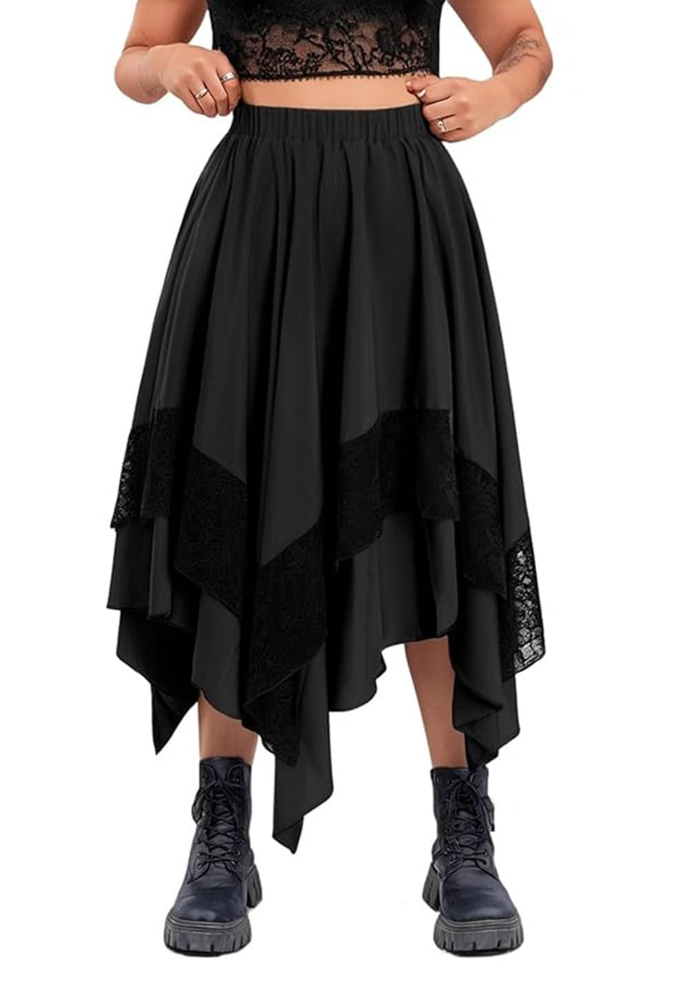 Plustrong Women's Black Renaissance Flowy Fairy Skirt Western Y2k Lace Layered Goth Asymmetrical Midi Skirts, Xl