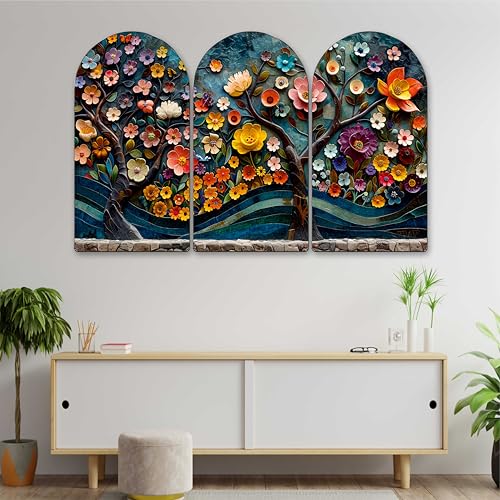 Image of Livin'luxe Colorful 3D Floral Arch Shape Wall Painting Set of 3 | Sparkle Laminated HD Print on MDF | Vibrant Flower Artwork for Living Room Bedroom Hall Home Decor (24 x 36 Inch) RPNM-35353