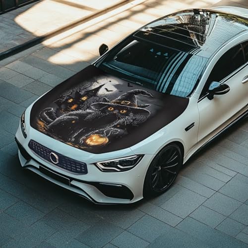 Image of Black Cat Car Hood Cover All Weather Protection Automotive Exterior Accessories Halloween Universal Fit Hood Covers for Cars, Trucks, SUV, or Van Full Coverage