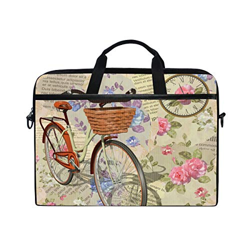 iRoad Laptoptasche aus Leinen, Retro-Bikes, bunte Blumen, Laptop-Tasche mit Schultergurt, Computer-Tasche für Damen und Herren, Business, 35,6 - 38,1