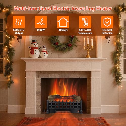 Image of 21 inch Electric Fireplace Log Set, Fireplace Insert with Realistic Flame, Adjustable Flame Brightness, Thermostat, 9H Timer, Remote Control, Overheating Protection, 1400W