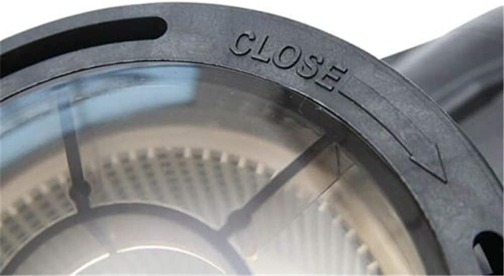 Close-up of the iMeshbean pool pump's clear strainer lid with 'OPEN' and 'CLOSE' indicators
