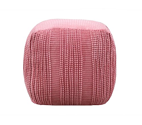 Iconic Home Dinesh Ottoman Cotton Upholstered Striped Pattern Woven Vertical Bands Square Pouf Modern Transitional, 18X18X18, Blush #TOP2
