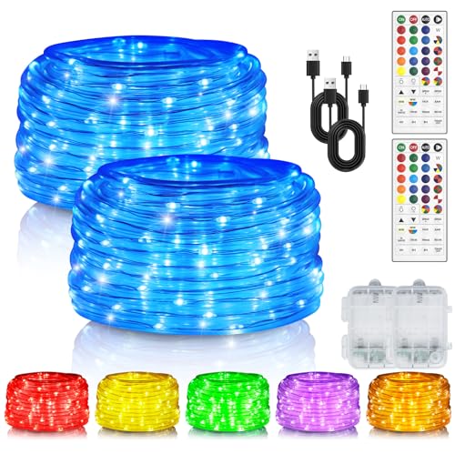 Rope Lights for Outside 66FT 200 LED Color Changing Battery Operated String Lights & Remote 24 Colors RGB Twinkle Light Indoor String Light Outdoor Waterproof for Christmas - 2 Pack