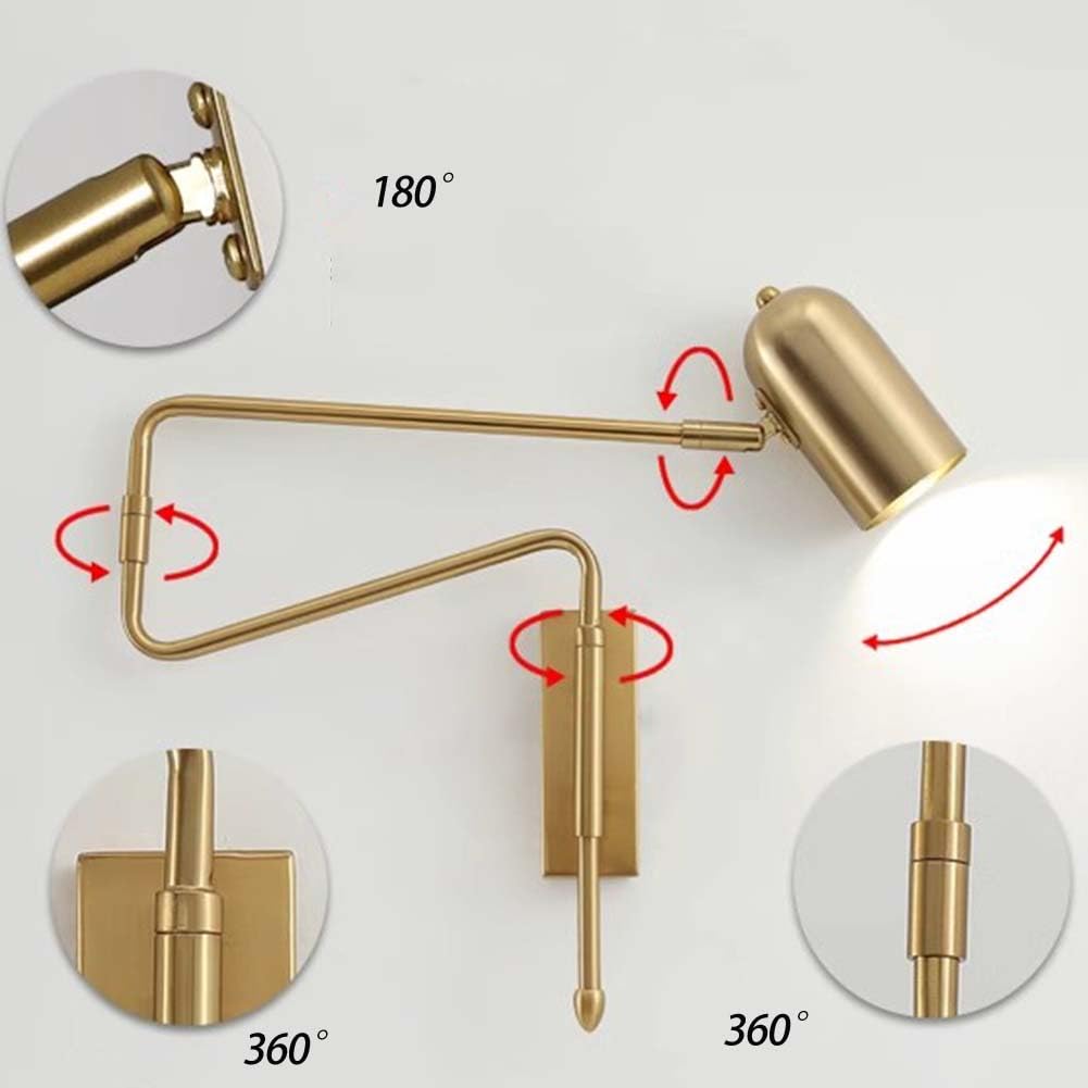 Retro Wandlampe Innen mit Schalter und Stecker Wandleuchte mit Kabel Verstellbare Lange Arm Wand Leselampe Gold Faltbar E27 Wandbeleuchtung mit Schwenkarm Nachttischlampe Drehbare,Gold