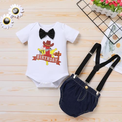 IBTOM CASTLE My First Rodeo Outfit Boys Cowboy Romper Shorts Bow Tie Suspenders Crown Cake Smash One Party Clothes Set3