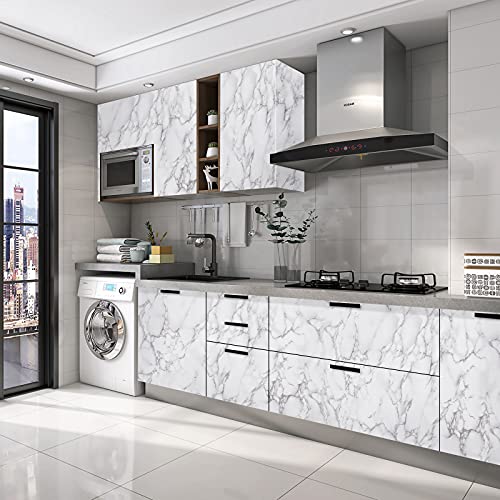 Image of Caltero White /Grey Marble Wallpaper, 24x197 Glossy PVC, Self-Adhesive Contact Paper for Kitchen Cabinets, Bathroom, Waterproof, Removable, Wide Usage, 32 sq.ft