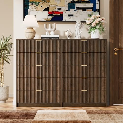 Image of Furniway Walnut Dresser for Bedroom, Tall Dresser with 5 Drawers and Smooth Slides, Modern Chest of Drawers with Golden Handles for Bedroom, Living Room, Closet, 15.7 inch D x 31.5 inch W x 47.2 inch H