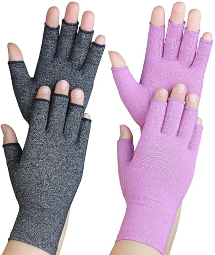 Happymart 2 Pairs Arthritis Gloves Hand Compression Gloves for Rheumatoid Pain Relief Carpal Tunnel Swelling Joint Support Driving Fingerless Gloves for Women Men (Black + Purple Medium)