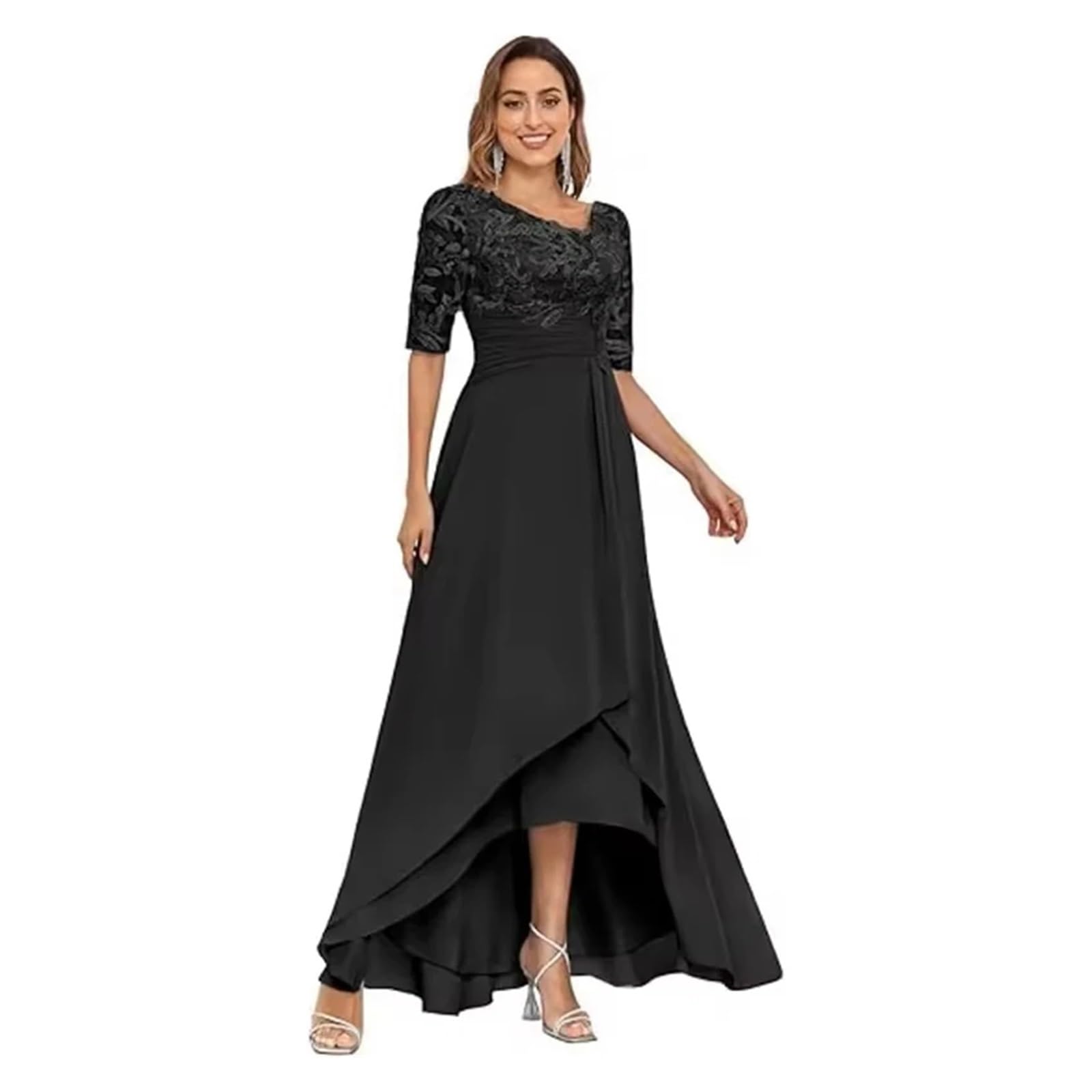 Grazioso Abito da Madre della Sposa in Pizzo for invitata al Matrimonio, Abito da Festa in Chiffon Lungo Fino al Ginocchio(Black,16W)