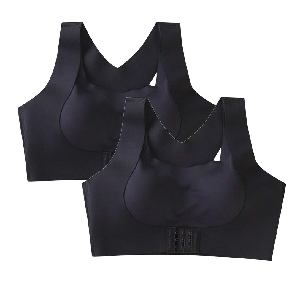 KUANDARM2 Pcs Seamless Front Buckle Support Bra,2-in-1 Womens Full Coverage Front Closure Wire Free Back Support Posture Bra (black,XL)