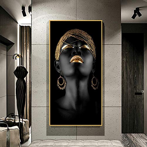 Affiches et gravures scandinaves de femme africaine noire et dorée 70x140 cm