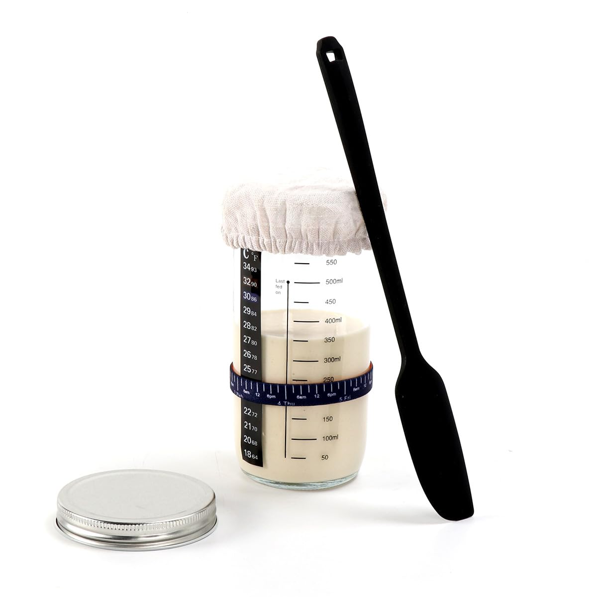 Sourdough Starter Jar for Sourdough Bread Baking, Sourdough Starter Kit With Date Marked Feeding Band, Thermometer, Scraper, Sourdough Container Sewn Cloth Cover & Metal Lid