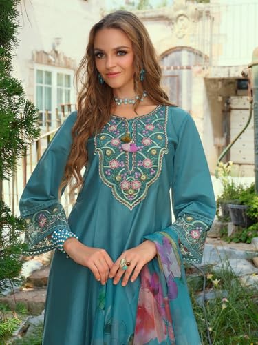 Image of INDO ERA Women's A-Line Cotton Blend Floral Embroidered Kurta & Pant With Dupatta Set (IEOUT11375)