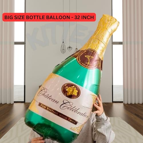 Image of KITTER Champagne Foil Balloons for Birthday - 5 pc Set with Big 32 inch Champagne Bottle for Decoration | Birthday Decoration Items for Men | Cheers Foil Balloon for Husband Wife |Party Decor for Men