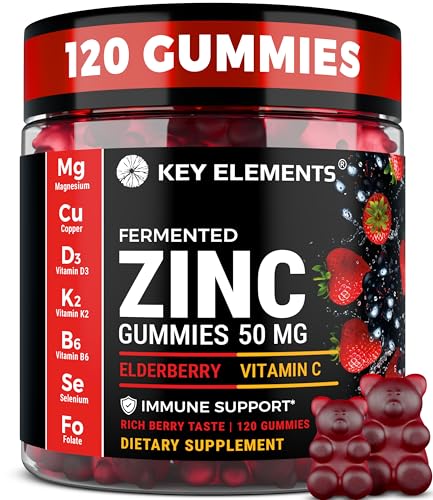 Immune Support Zinc Gummies 50mg with Elderberry Vitamin C and Zinc Supplements - Natural Antioxidant with Copper Vitamin D3 K2 Magnesium - Rich Berry Taste Sugar-Free 120 Gummies