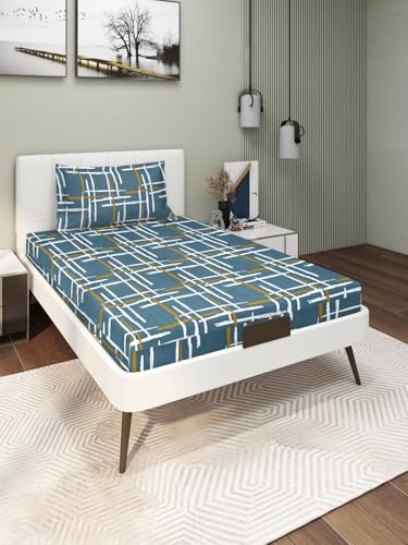 Image of Blue Strip 220TC Glace Cotton Elastic Fitted Bedsheets Single Bed with 1 Pillow Cover | Single Bed with All Around Elastic, Size 42 inch x 75 inch Inches