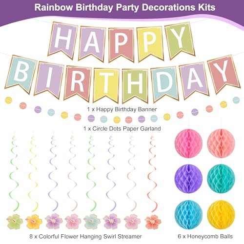 Crosize Macarons Happy Birthday Decorations Kit for Women Girls Boys Kids, Pre-Strung Birthday Banner Sign with Tissue Paper Poms, Circle Dot Garland, Hanging Swirls Streamers for Party Decor