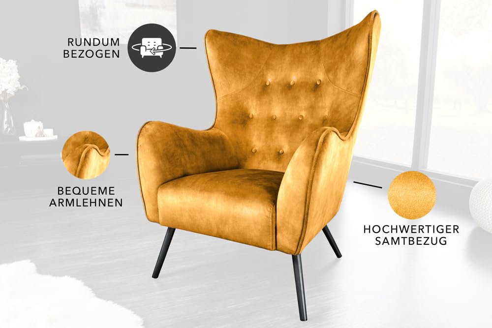Riess Ambiente Design XL Sessel Amsterdam - senfgelb Samt - Schwarze Metallbeine - Retro Stil, Rundum Bezug
