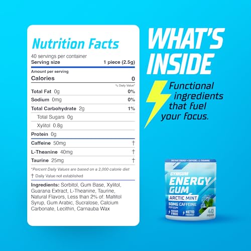 GYMGUM Energy Caffeine Gum | 50mg Caffeine | Sugar-Free, Keto-Friendly | Fast-Acting Energy & Focus Gum with Guarana & L-Theanine (40 Count, Arctic Mint)