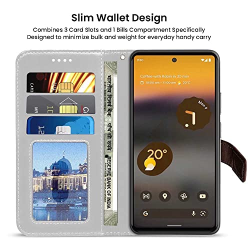 Image of FLIPPED Vegan Leather Flip Case Back Cover for Google Pixel 6A (Flexible, Shock Proof | Hand Stitched Leather Finish | Card Pockets Wallet & Stand | Coffee with Brown)