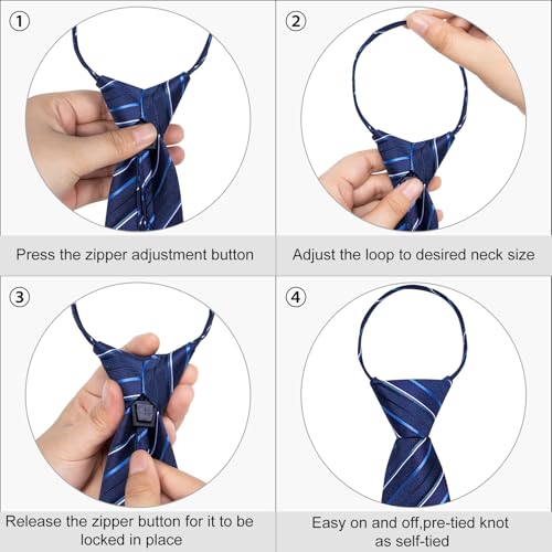 Image of DiBanGu Silk Zipper Ties for Men,Paisley Solid Plaid Pre-tied Tie and Pocket Square Cufflinks Set Formal Adjustable Necktie