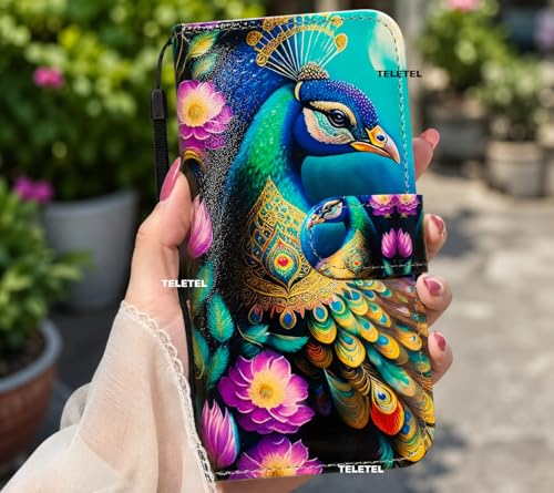 Image of TELETEL Peacock Design Leather Flip Back Phone Case Wallet Cover with Card Slot Holder Kickstand - Multicolor for Vivo V50 5G