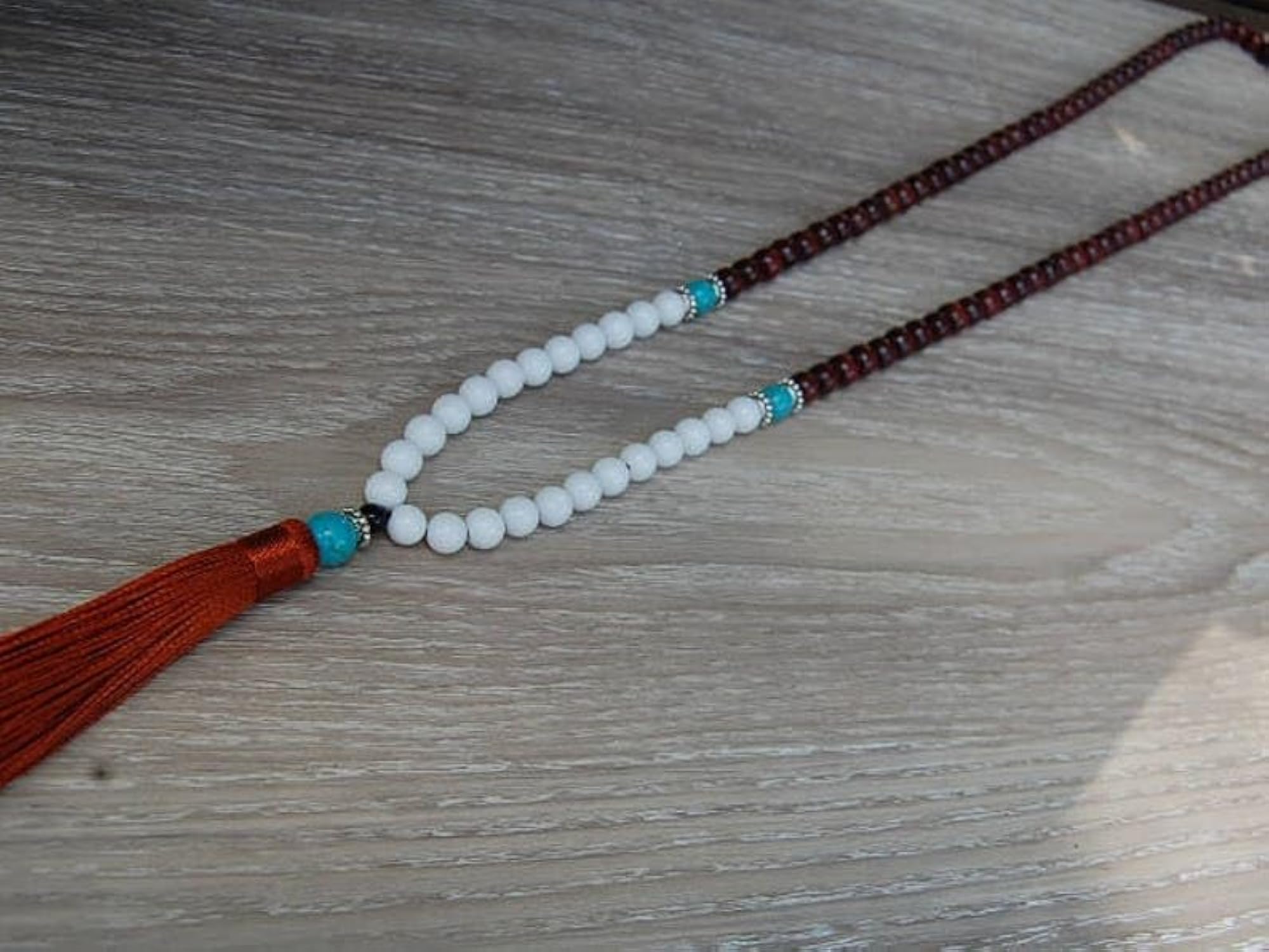 Natural Aqua Jade & Red Tasselwood Beaded Handmade Prayer Mala